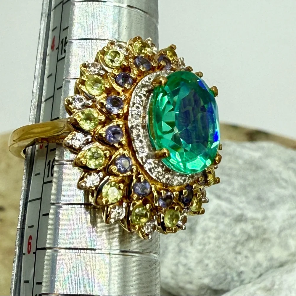NWT Peacock Quartz Multi-Gem Dahlia Floral Ring Vermeil Gold over 925 4.15ctw